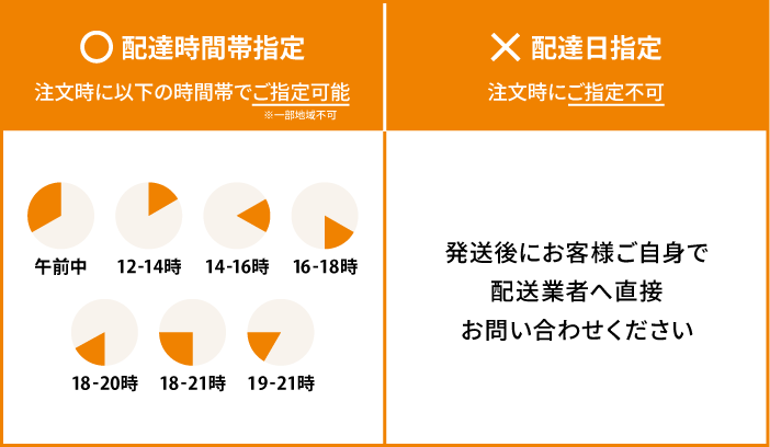 ◯配達時間帯指定 注文時にご指定可能 ×配達日指定 発送後にお客様ご自身で配送行者へ直接お問い合わせください